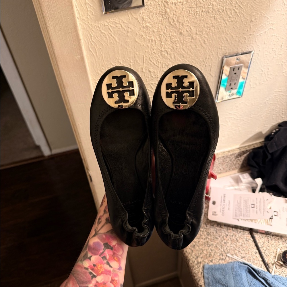 Tory Burch Minnie Travel Ballet Black Flats with Silver Logo
